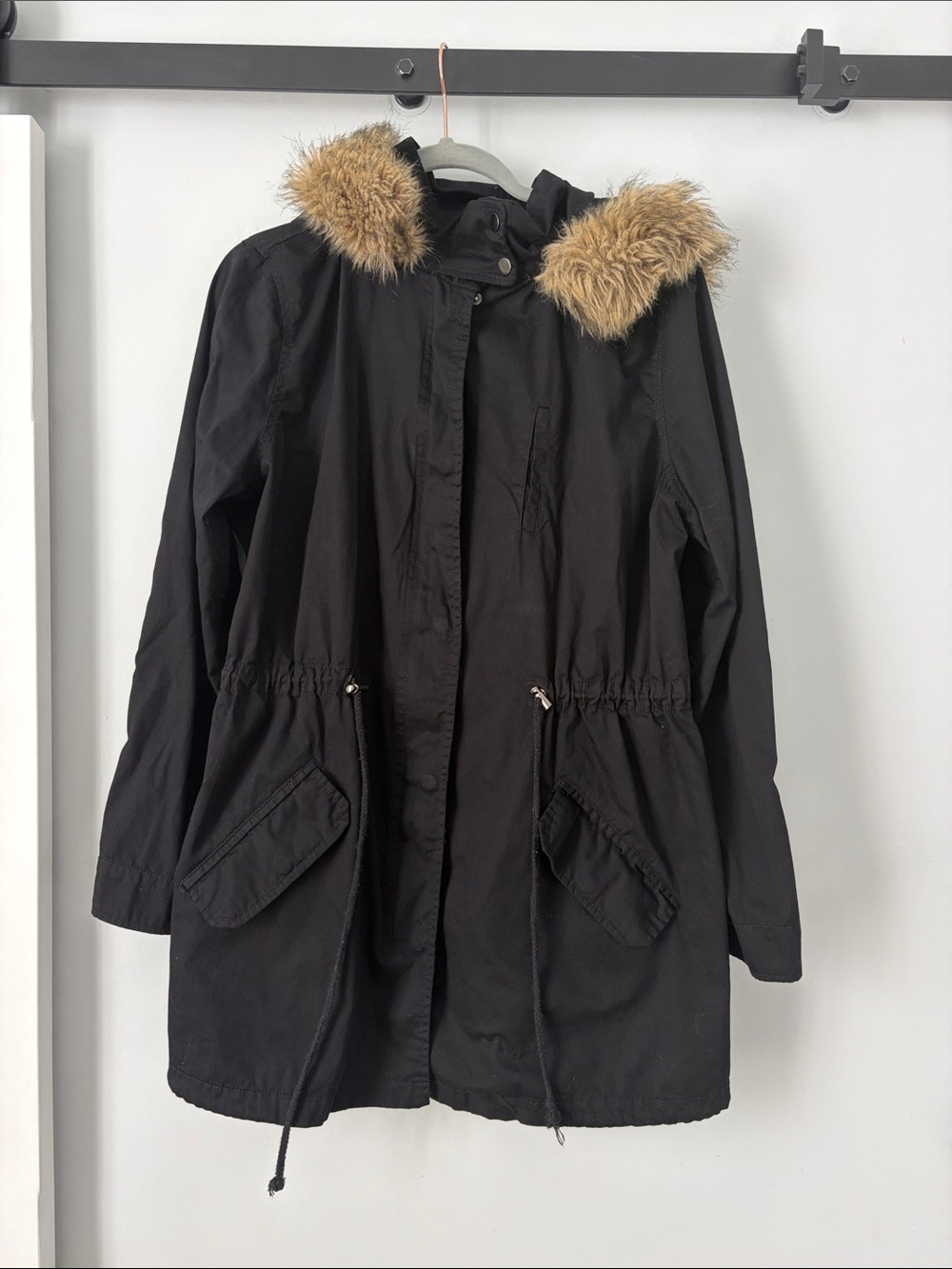 Relativity Black Trench Coat with Faux Fur Trim